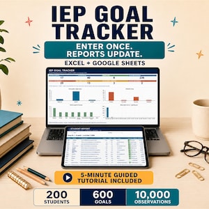 Puede incluir: Una plantilla de hoja de cálculo digital IEP Goal Tracker para Excel y Google Sheets mostrada en una pantalla de portátil y tableta. La interfaz muestra datos de estudiantes, gráficos e informes. Texto: IEP GOAL TRACKER, 200 STUDENTS, 600 GOALS, 10,000 OBSERVATIONS.