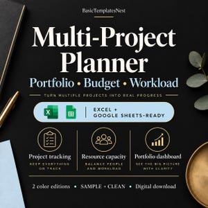 Multi-Projektplaner für Excel & Google Sheets | PMO-Portfolio-Dashboard, Budget, Ressourcenkapazität und Gantt-Diagramm | 2 Farbversionen