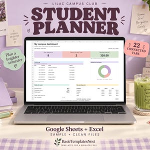 Modèle de calendrier étudiant, calendrier académique Lilac, suivi des devoirs, objectifs et budget pour Google Sheets et Excel