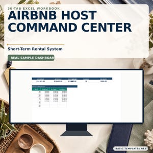 May include: A 30-tab Excel workbook titled Airbnb Host Command Center, a short-term rental system. The screen displays a real sample dashboard with financial data including gross rent, net payout, and monthly performance tables in blue and white.