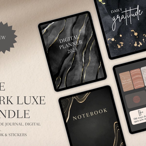 Luxe Digital Planner Bundle Dark- Includes 2023 Digital Planner Dark Mode, Digital Daily Journal, Dark Mode Notebook, Goodnotes Stickers