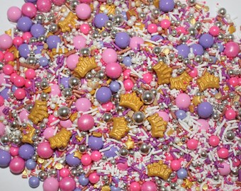 Princess Crown Sprinkle Mix | White and Purple Sprinkles | Cake Sprinkles | Edible Sprinkles | Cake Decorations | Metallic Dragees |