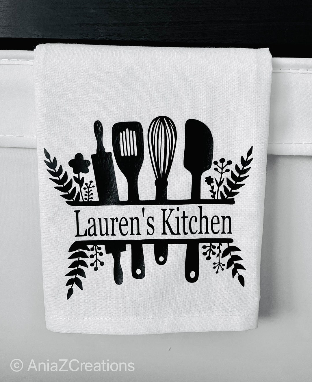 Personalized Kitchen Tea Towel, Custom Dish Towel With Kitchen Utensils