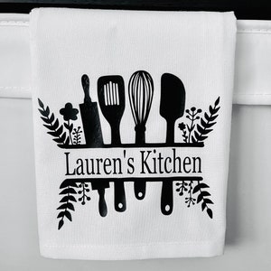 Personalized Kitchen Tea Towel, Custom Dish Towel with Kitchen Utensils, Housewarming Gift, Custom Name Flour Sack