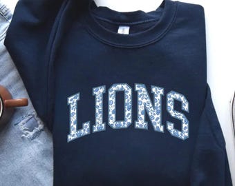 Lions Mascot Chinoiserie Sweatshirt Lions Game Day Football School Mascot Shirt Lions Spirit Lions Fan Shirt Blue Toile Unisex Crewneck