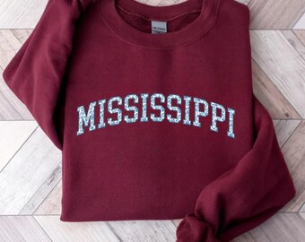 Mississippi Sweatshirt Chinoiserie Sweater Varsity Style MS Crewneck Mississippi Gift Souvenir Moving Gift Unisex Soft Crewneck Long Sleeve