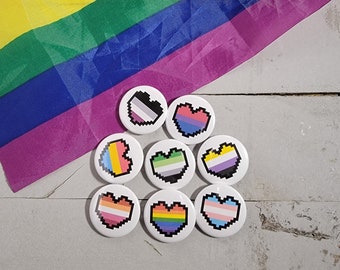 Cute Pixel Pride Heart Buttons, LGBTQ Pixel Pride Heart Buttons, LGBTQ Pins