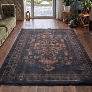 Distressed Black Gothic Rug: Vintage Oriental Style, Cotton Area Rug