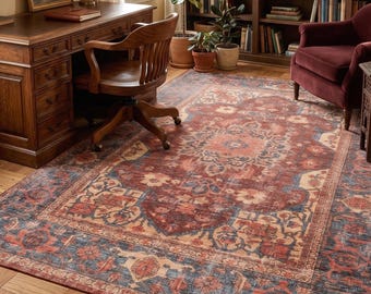 Distressed Vintage Turkish Medallion Rug, Red Blue Boho Cotton Carpet