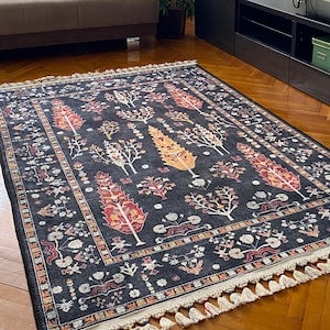 Dark Persian Style Area Rug with Red and Gold Botanical Motifs, Vintage Oriental Carpet with Tassels for Living Room or Bedroom