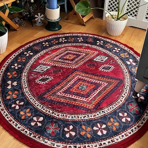Round Boho Kilim Rug – Red and Blue Tribal Carpet with Geometric Pattern, Ethnic Oriental Area Rug for Living Room or Bohemian Decor