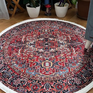 Colorful Round Rug with Ethnic Patterns – Boho Style Circular Carpet for Living Room – Oriental Handmade Round Area Rug, Round Rug
