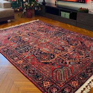 Vintage Red and Navy Oriental Area Rug – Handmade Look Persian Style Ethnic Carpet – Turkish Decorative Medallion Living Room Rug
