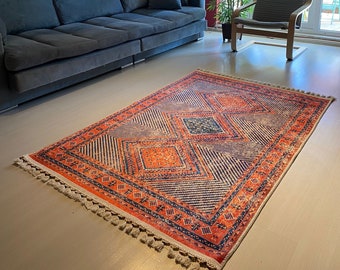 orange blue rug, orange kilim rug, 6 by 9 orange moroccan rug, orange moroccan rug 8x10, orange rustic rug, orange blue rug 8x8, 6x9 Rug