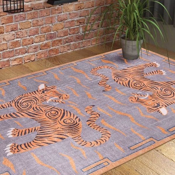 Tiger Rug, Tiger Rug Tibetan, Tiger Rug Green, Tiger Rug Vintage, Tiger Rug For Living Room, Tiger Pattern Rug, Modern Look Tiger Area Rug