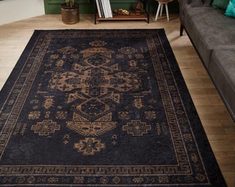 Gold and black Rug, yellow and black rug, large black rug, 6x9 black rug, black rug 8x10, black rug runner, vintage black rug, Black Rug 6x9