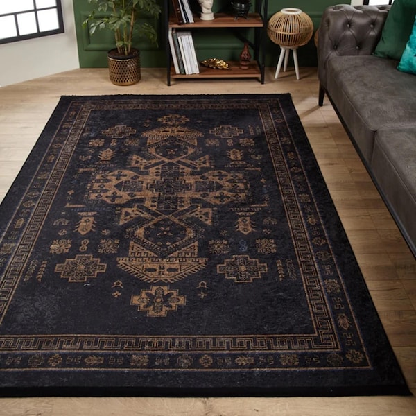 Black Distressed Oriental Rug: Tribal Medallion, Boho Decor