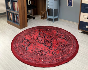 Red Bohemian Round Rug: Vintage Style Cotton Area Rug
