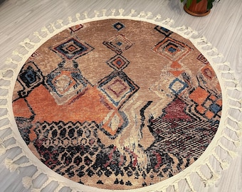 Vintage Round Moroccan Rug: Cotton Kilim Carpet with Tassels
