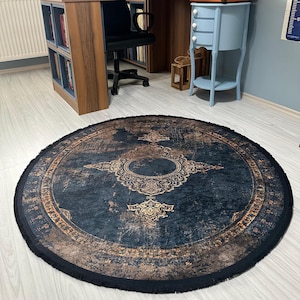 Granatowy okrągły dywan: bawełniany dywan w stylu vintage boho