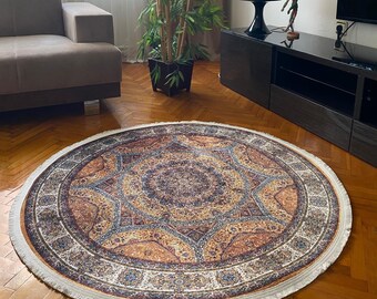 Vintage Style Round Rug: Ethnic Cotton Kilim, Anatolian Design
