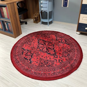 Red Round Rug: Vintage Turkish Kilim Style, Cotton Area Rug
