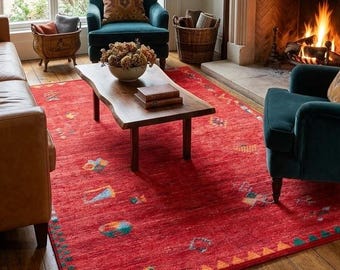 Vintage Turkish Red Cotton Rug, Oushak Style Boho Area Carpet