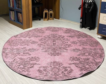 Pink Round Rug: Vintage Turkish Kilim Style, Cotton Area Rug