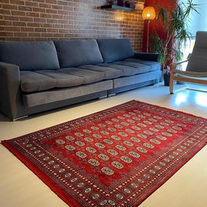 Alfombra turca vintage de algodón rojo, estilo bohemio Oushak