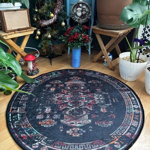 Round Oriental Rug – Black & Multicolor Tribal Medallion Carpet – Bohemian Circular Area Rug – 4ft/120cm Living Room, Bedroom, Office Decor