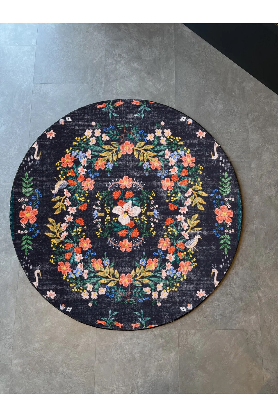 Round Rug for Living, Black Round Rug, Black Floral Round Rug, Round