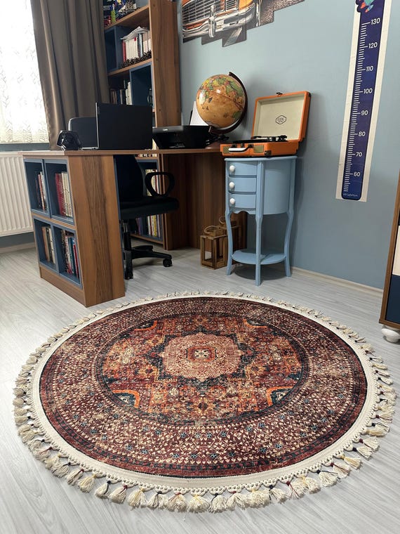 ROUND112cm\"Clockwork”ViNTAGE TURKiSH RUG Round Runner Rug, Circle Rug, Turkish Rug, Kitchen Rug, Red