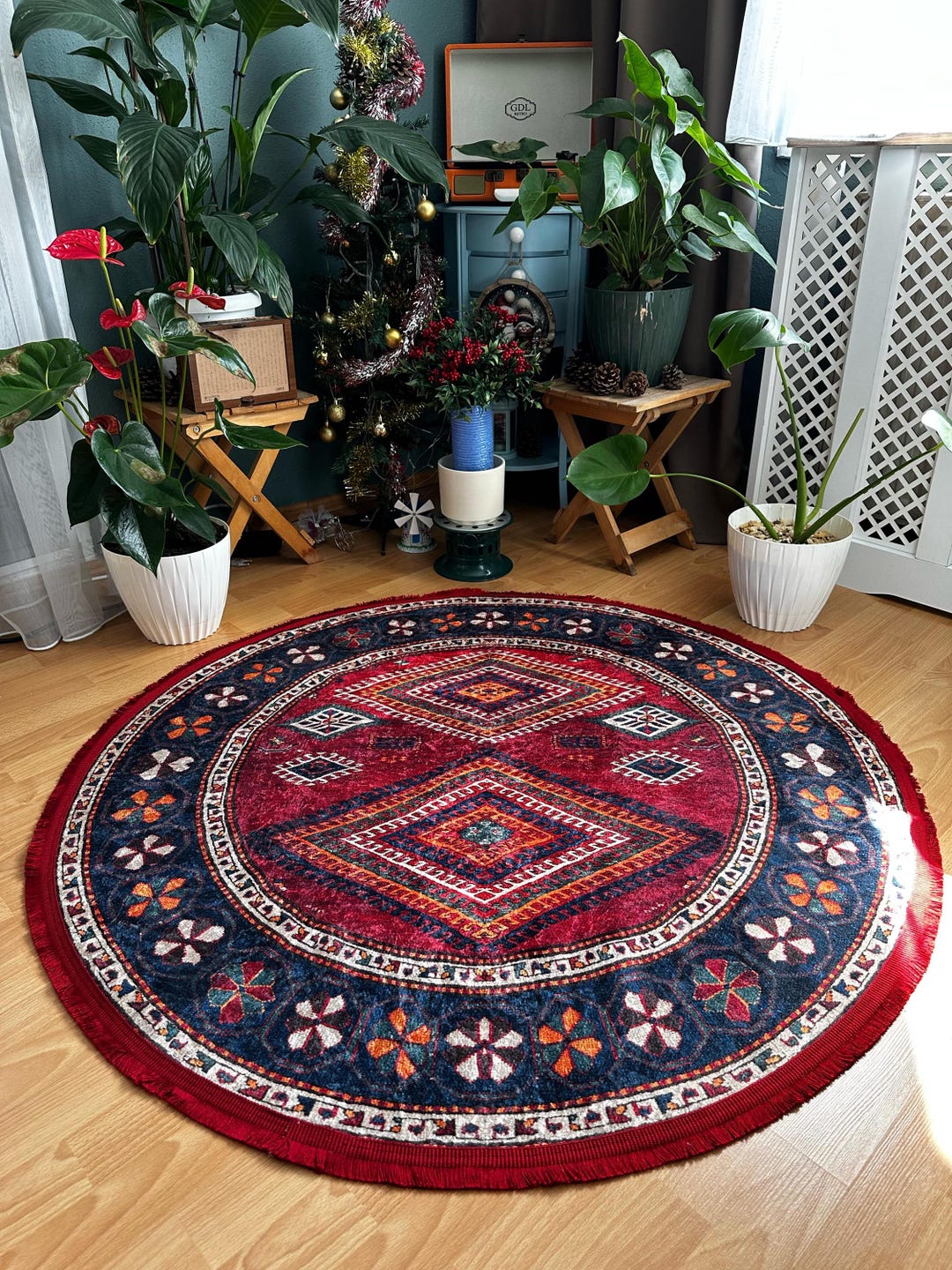 Red Round Rug: Cotton Anatolian Kilim Style, 3ft-6.5ft - Etsy