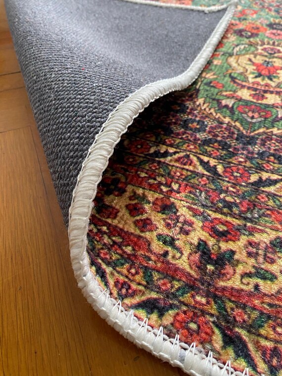 【ペルシャ絨毯】 1980s / ヴィンテージ / 花モチーフ / メダリオン ヴィンテージペルシャスタイルコットンエリアラグ：花柄メダリオン