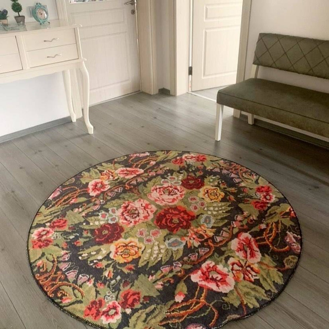Floral Rug Circle, Multi Color Round Flower Rug, Flower Rug Pattern