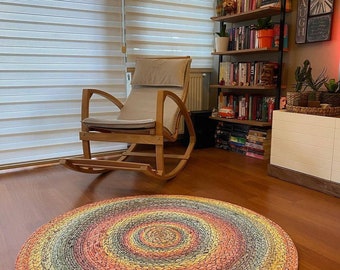 Vintage Style Round Rug: Ethnic Cotton Kilim, Colorful Print