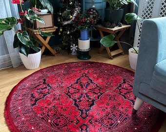 Red Afghan Style Round Rug: Vintage Cotton Kilim with Tassels