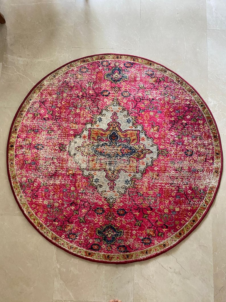 Pink Rup Pattern Pink Ethnic Pattern Round Rug: Handwoven Cotton Boho Carpet - Etsy
