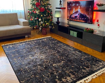 Alfombra negra: elegante estampado dorado, alfombra de algodón moderna y glamurosa.