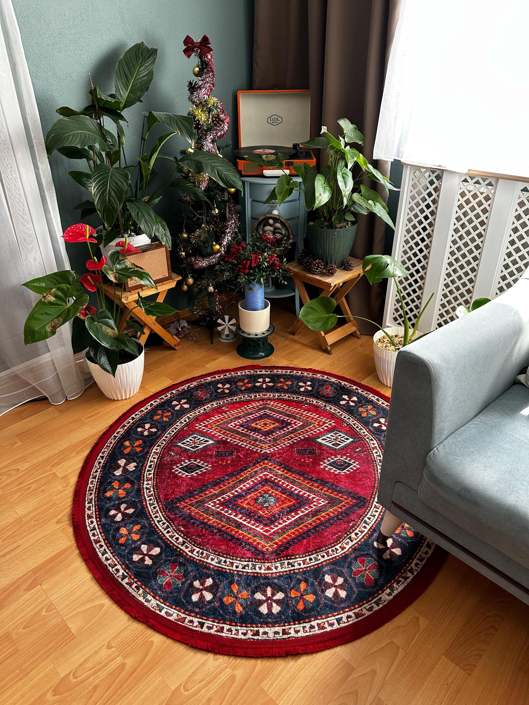 ラウンドオリエンタルラグ - 赤と青のトライバルカーペット - 装飾的な