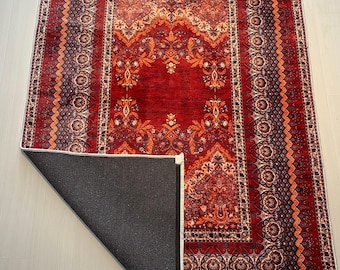 Vintage-Teppich im persischen Stil mit Medaillonmuster: Rotes Boho-Dekor, Baumwollteppich