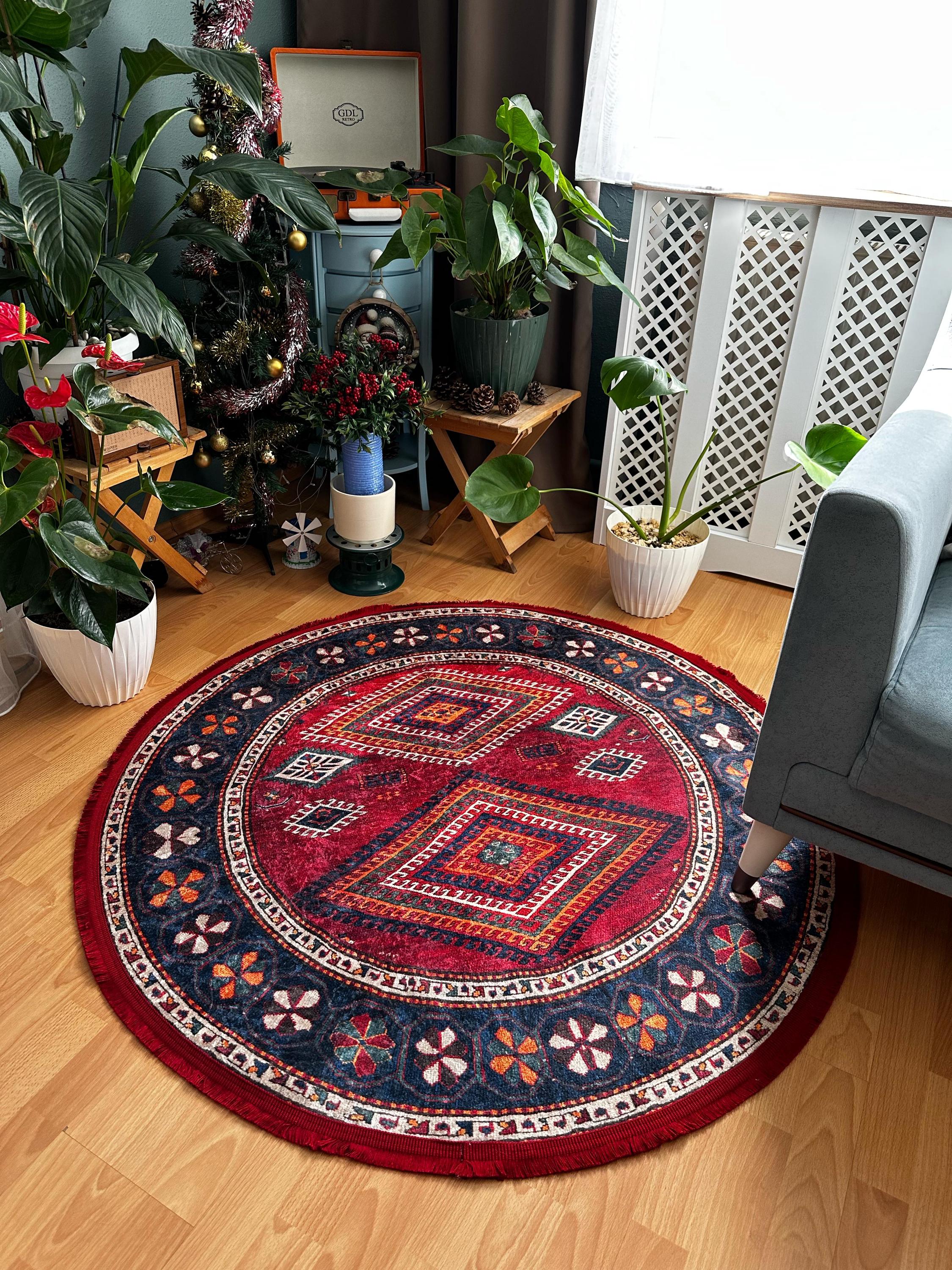 ラウンドオリエンタルラグ - 赤と青のトライバルカーペット - 装飾的な