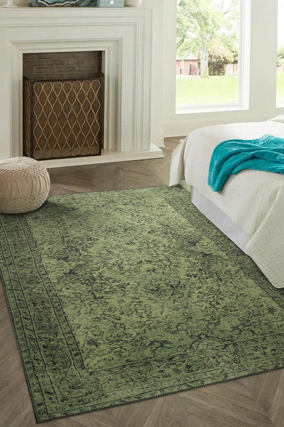 Grüner Vintage Blumenteppich – Maschinenwaschbar, Rutschfest & Schmutzabweisend, Niedriger Flor, Perfekt Für Wohnzimmer & Deko