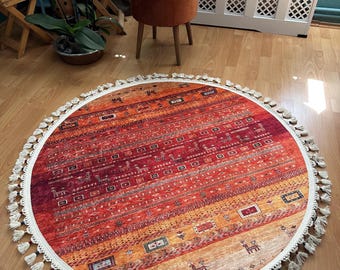 Orange Vintage Round Rug: Cotton Kilim Style Area Rug