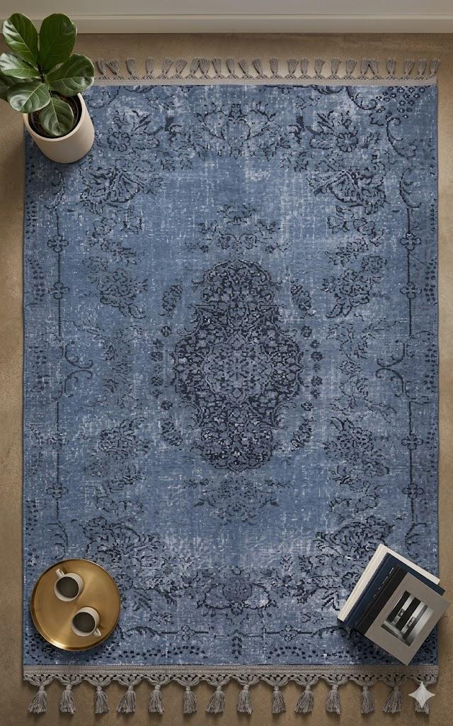 Distressed Turkish Style Blue Cotton Rug, Boho Tassel Bedroom Carpet - Etsy