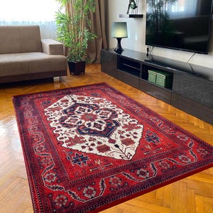 Bohemian style red decorative rug, Ethnic patterned handmade red rug, Minimalist decor red carpet, Red area rug suitable for home decor