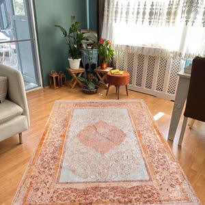 Orange Persian Style Rug: Cotton Vintage Boho Area Carpet