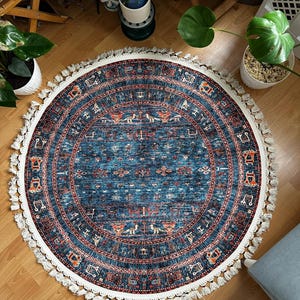 Round Persian Style Rug: Vintage Cotton Kilim with Tassels image 5