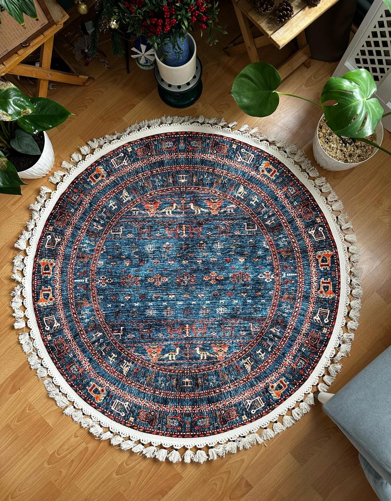 Round Persian Style Rug: Vintage Cotton Kilim with Tassels image 5