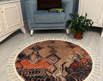 Vintage Overdyed Round Rug: Ethnic Cotton Kilim with Tassels